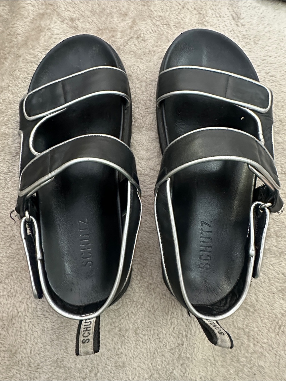 SCHUTZ Black Leather Platform Sport Sandal with Silver Trim Size 8.5 - Picture 3 of 6